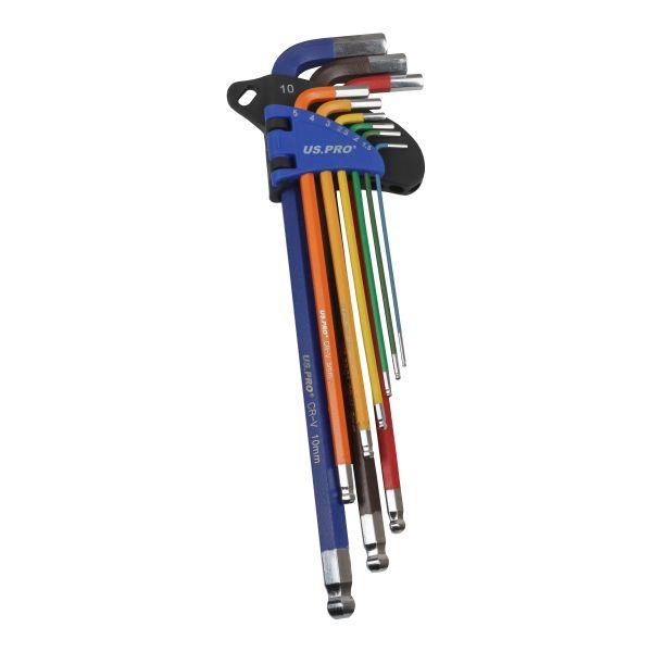 US PRO 9pc Multicolour Extra Long Metric Ball End Hex Key Set