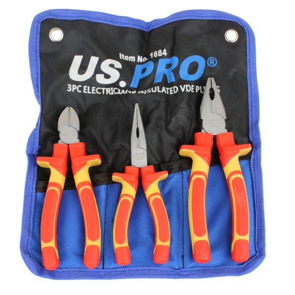 US PRO 3PC Electricians Insulated VDE Plier Set