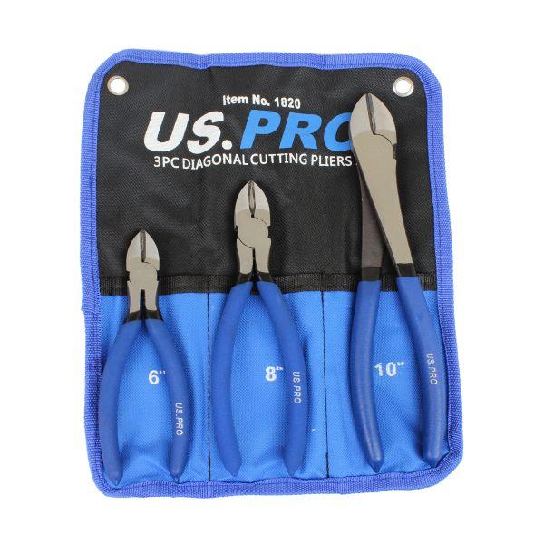 US PRO 3pc 8" Nickel-Ferrous Finish Pliers Set