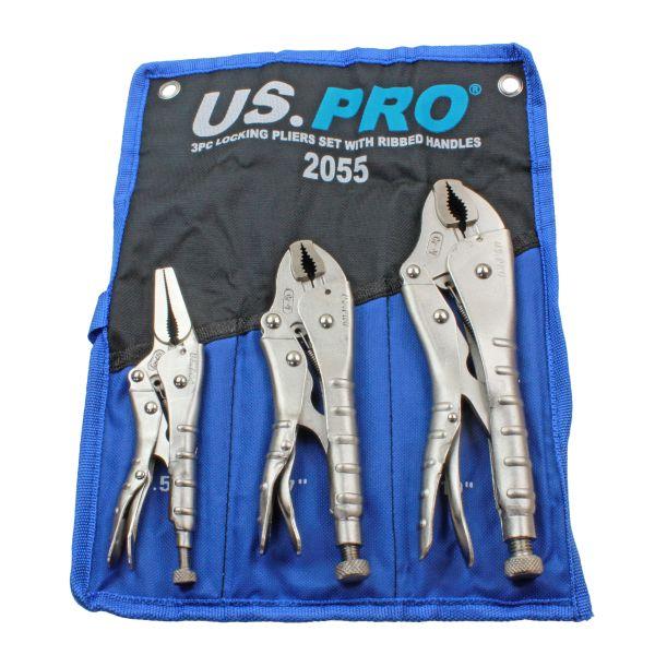 US PRO 3pc Locking Pliers Set Ribbed Handles