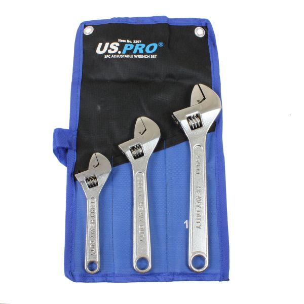 US PRO 3pc Adjustable Wrench Set Chrome Finish
