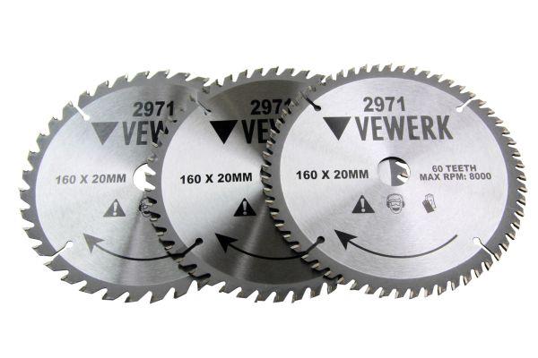Vewerk 3pk 160 x 20/16mm TCT Circular Saw Blades 36T, 48T, 60T