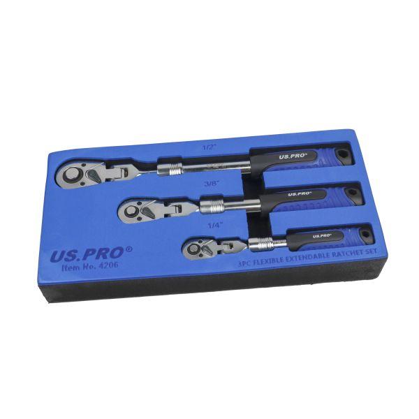 US PRO 3pc Flexible Extendable Ratchet Set 1/4", 3/8", 1/2"