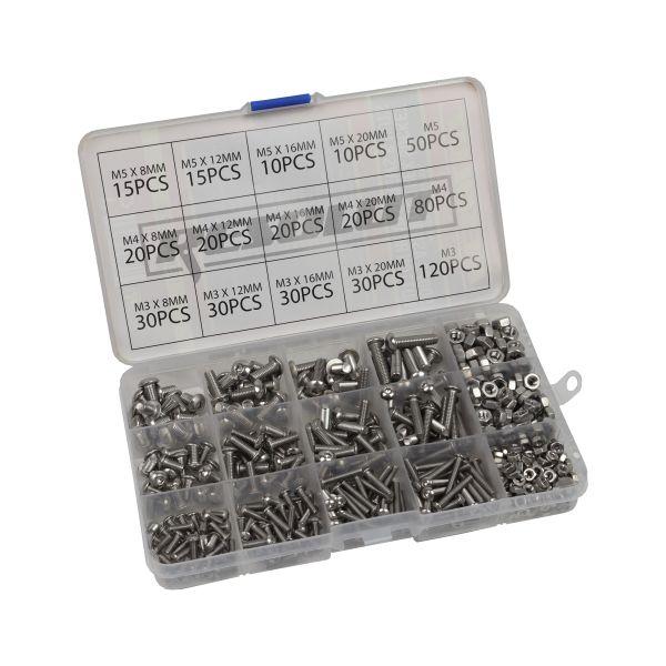 500PC ASSTD HEX SKT BUTTON HEAD SCREWS & NUTS A2