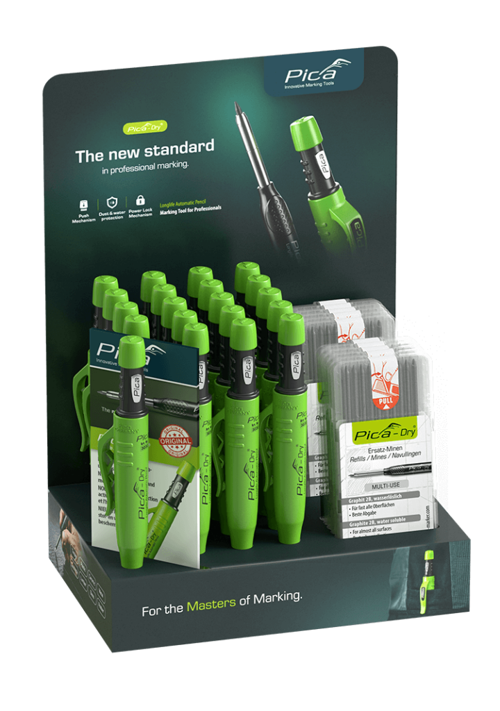Pica Dry Multi-Use Graphit Display Includes: 20 DRY Markers with Graphite lead, 10 Refills Sets