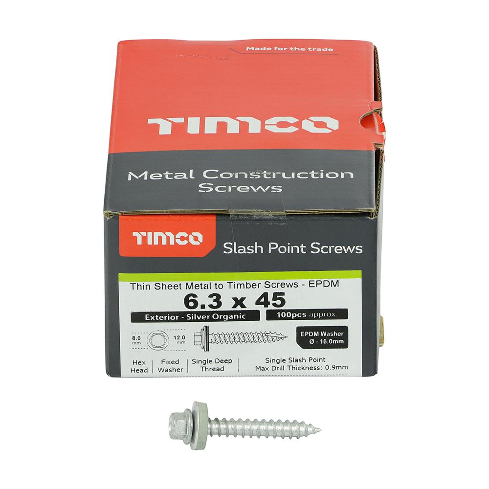 Timco Metal Construction Thin Sheet Metal to Timber Screws - Hex - EPDM Washer - Slash Point - Exterior - Silver Organic
6.3 x 45