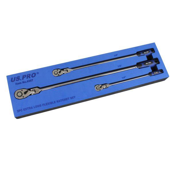 [BER4207] US PRO 3pc Extra Long Flexi Ratchet Set 1/4", 3/8", 1/2"