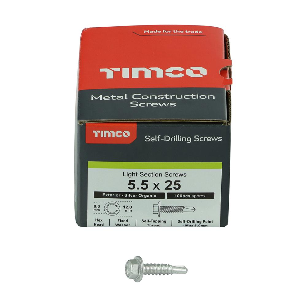 [SD-L25B] Timco Metal Construction Light Section Screws - Hex - Self-Drilling - Exterior - Silver Organic 5.5x25