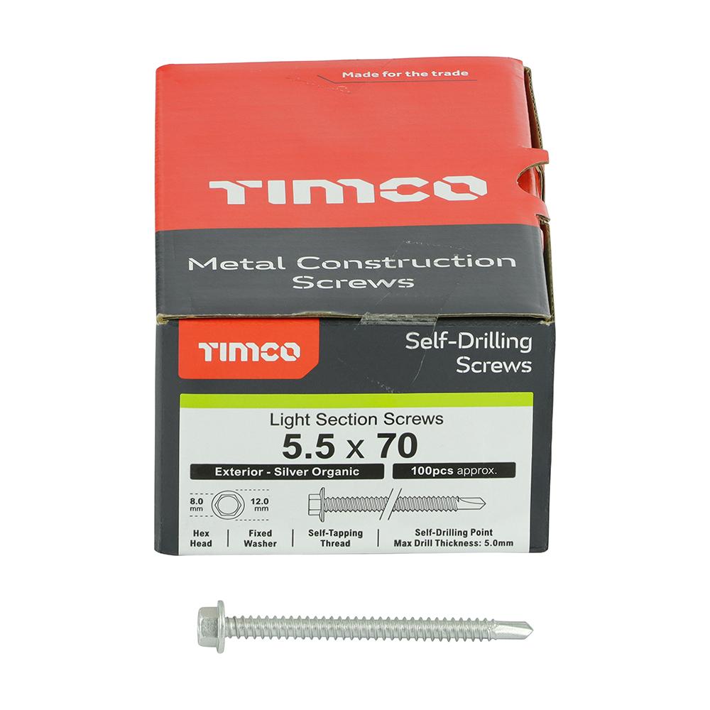 [SD-L70B] Timco Metal Construction Light Section Screws - Hex - Self-Drilling - Exterior - Silver Organic 5.5 x 70