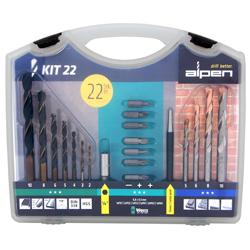 [A008002221] Alpen 22pc HSS and Tungsten Carbide Masonry Drill Assortment Kit