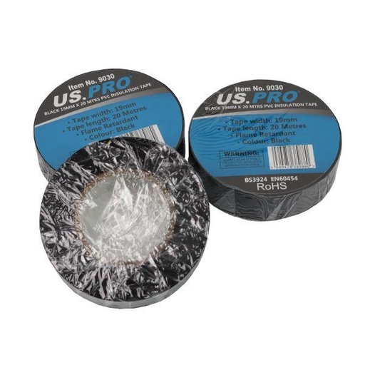 [BER9030] US PRO Black 19mm x 20m PVC Insulation Tape - Pack of 10 Rolls
