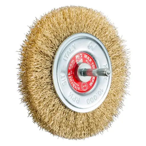 [PJW-0882] SIT 100x16x6mm Shaft Brass Plated Crimped Wheel Brush GG103