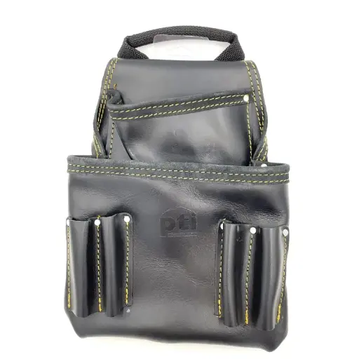 [PTI0787BLK] PTI Premium Black Leather Single Tool Pouch with 2 Pockets and 4 Tool Holder Slots