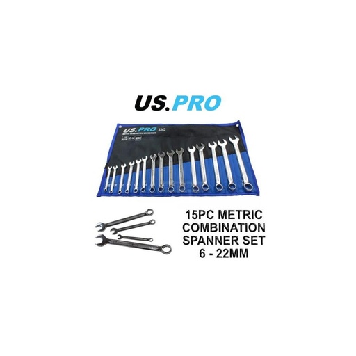 [BER2243] US Pro 15pc Metric Combination Spanner Set 6-22mm